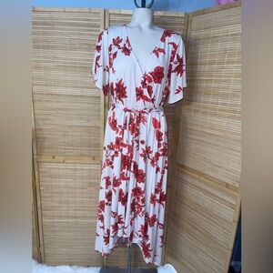Gibson Latimer floral hi-low dress cream red v-neck tie waist EUC large